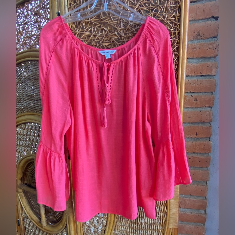 NWT Counterparts Coral Pink Peasant Blouse with Tassel Tie Size X-Large.